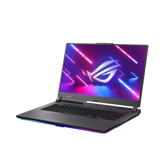 Off Centered Shot of the Front Side of the Rog Strix G17 With Rog Fearless Eye Logo on Screen